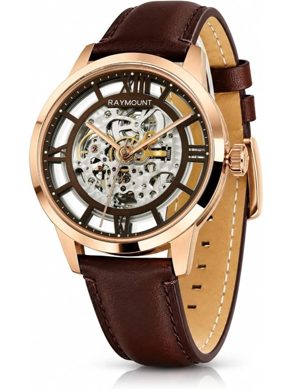 Men's Brown White Leather Mechanical Movement Skeleton Dial Automatic Watches
